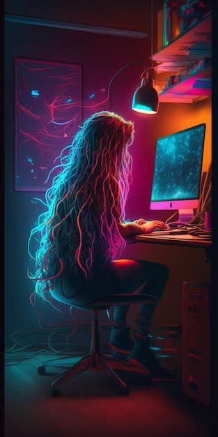 A woman sits at a computer and looks at a computer screen.