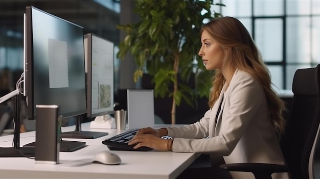 женщина сидит за компьютером с компьютерной мышью и монитором, показывающим карту