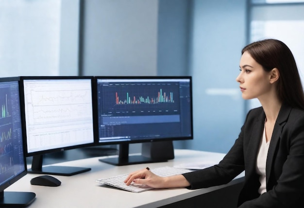 Foto una donna si siede davanti a un computer con un grafico in cima