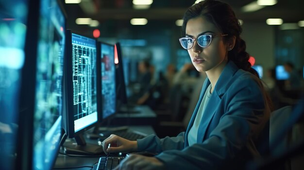 A woman sits at a computer with a screen that says cyber security.