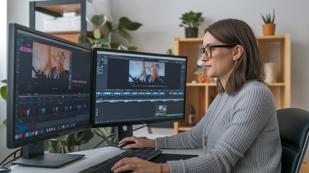a woman sits at a computer with a video camera on the screen