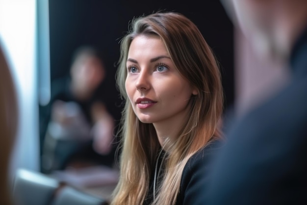 A woman sits in a conference room and looks at the camera.