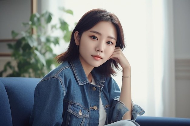 A woman sits on a couch in a denim jacket.