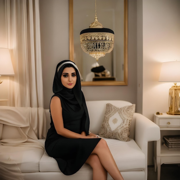 A woman sits on a couch in front of a lamp