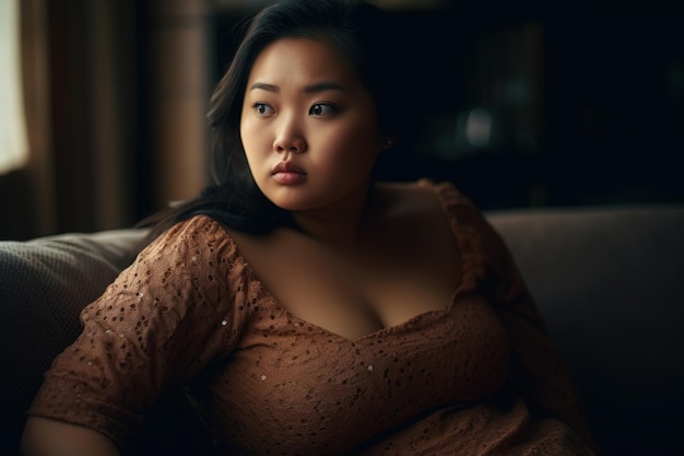 A woman sits on a couch in front of a window.