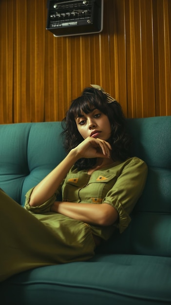 A woman sits on a couch in a green dress.
