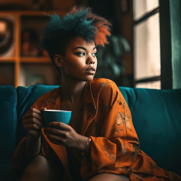 A woman sits on a couch holding a cup of coffee