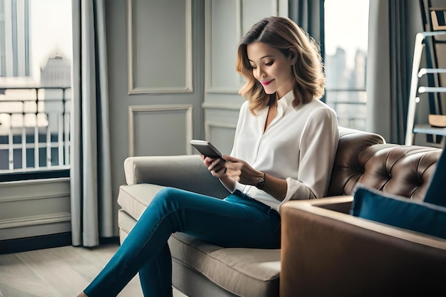 A woman sits on a couch in a hotel room and looks at her phone.