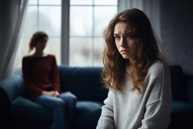 a woman sits on a couch and looks at her reflection in a window