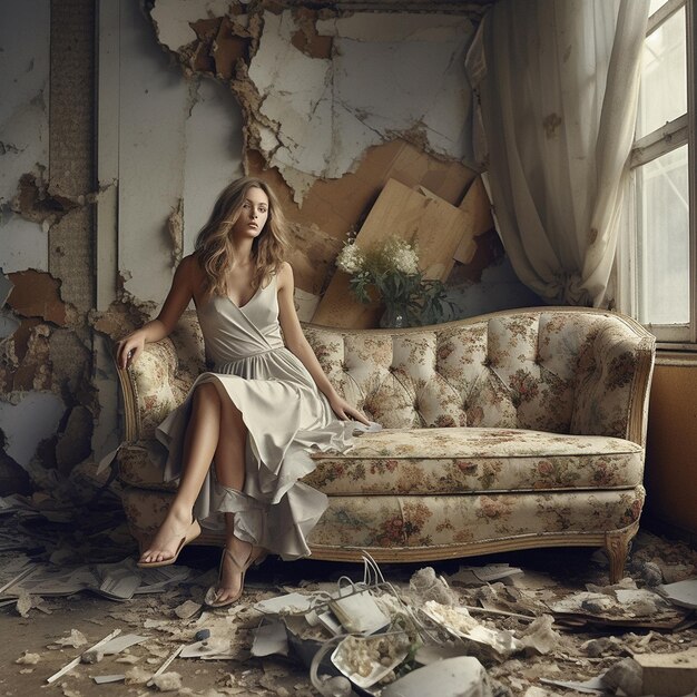 A woman sits on a couch in a messy room with a wall of torn up papers and a bouquet of flowers.