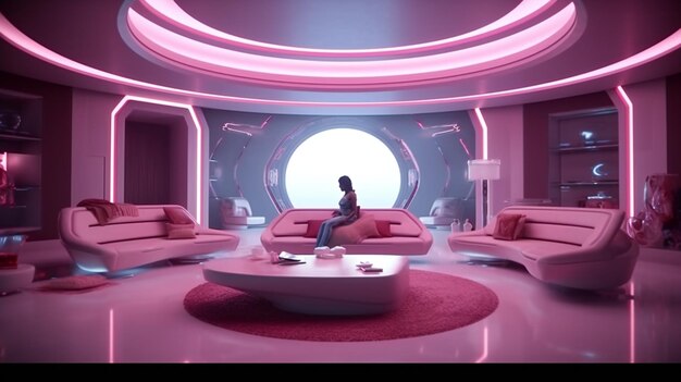 A woman sits on a couch in a pink room with a round table and a pink light.