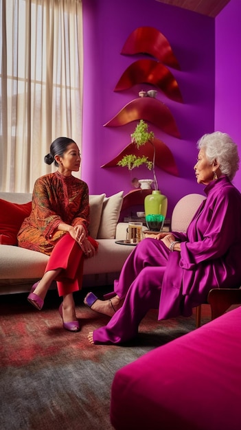 a woman sits on a couch and talks with a woman in a purple dress.