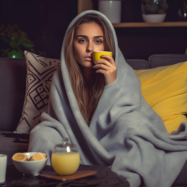 A woman sits on a couch with a blanket on her head and drinks a cup of orange juice.