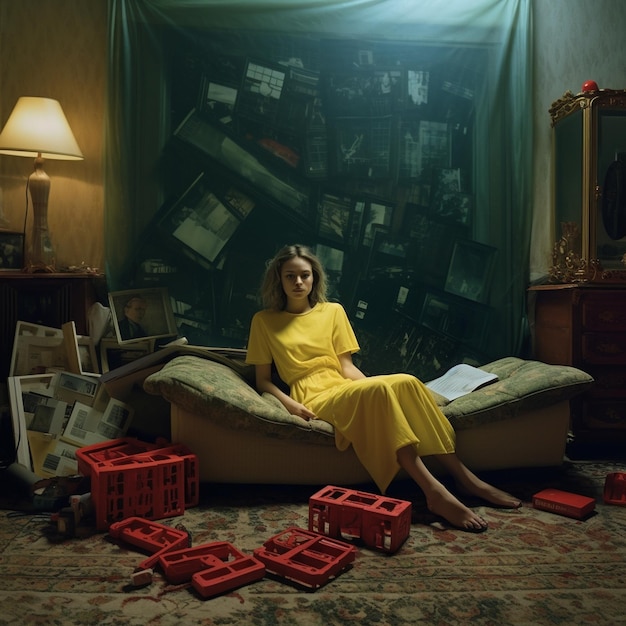 A woman sits on a couch with a book in her lap.