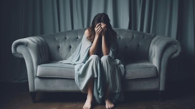 A woman sits on a couch with her hands in her face