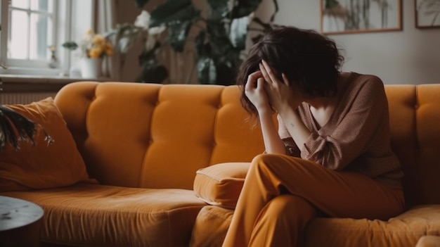 A woman sits on a couch with her head in her hands