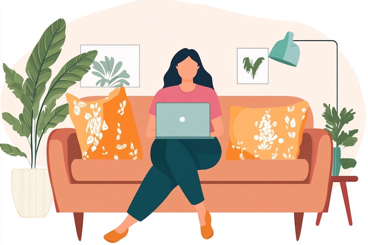 Photo a woman sits on a couch with a laptop illustration