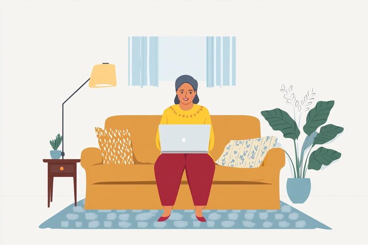 Photo a woman sits on a couch with a laptop illustration
