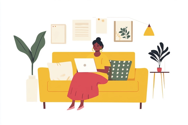 Photo a woman sits on a couch with a laptop illustration