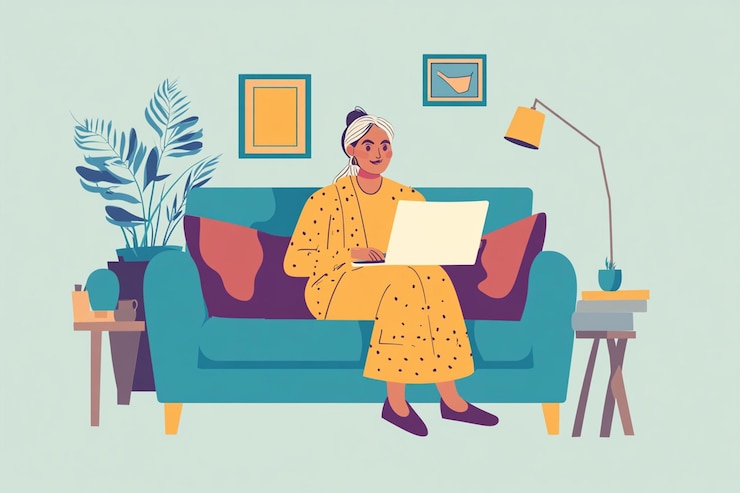 Photo a woman sits on a couch with a laptop illustration