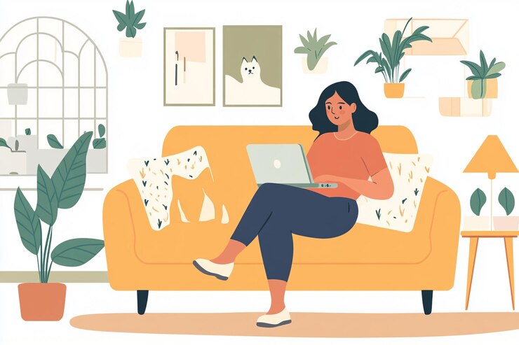 Photo a woman sits on a couch with a laptop illustration