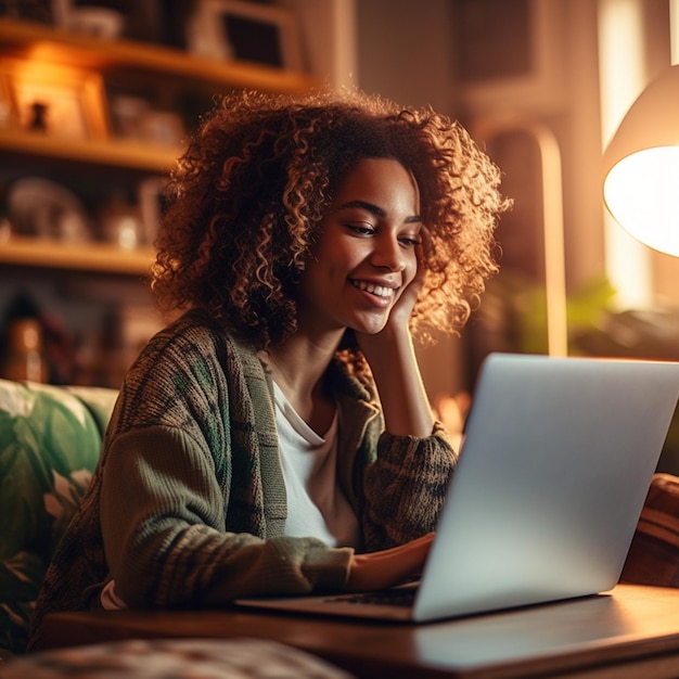 a woman sits on a couch with a laptop and she is using a laptop