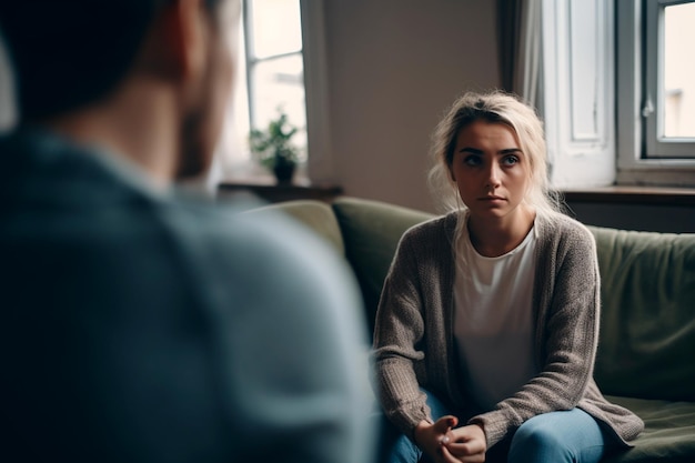 A woman sits on a couch with a man in a grey sweater and a white cardigan sits on a couch.