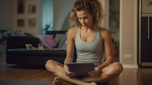 Foto una donna è seduta su un divano con un tablet tra le mani.