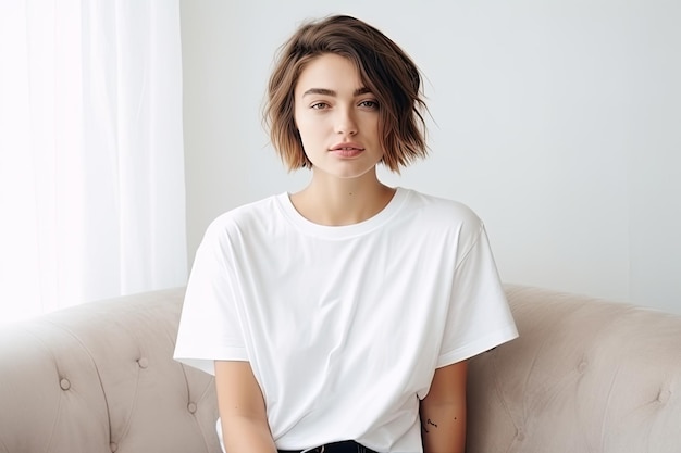 a woman sits on a couch with a white shirt that says  natural