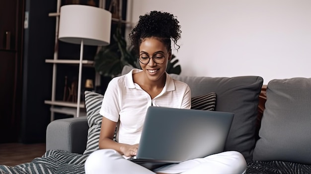 A woman sits on a couch and works on a laptop.