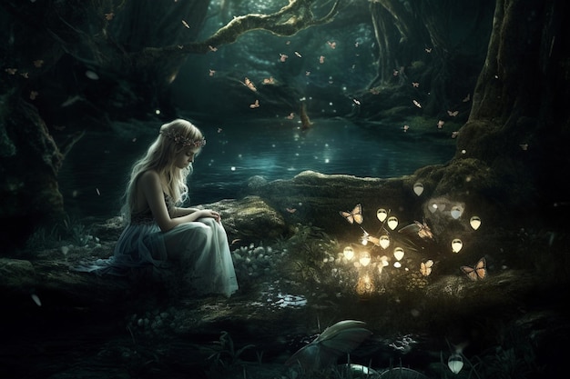 A woman sits in a dark forest with lights on her head