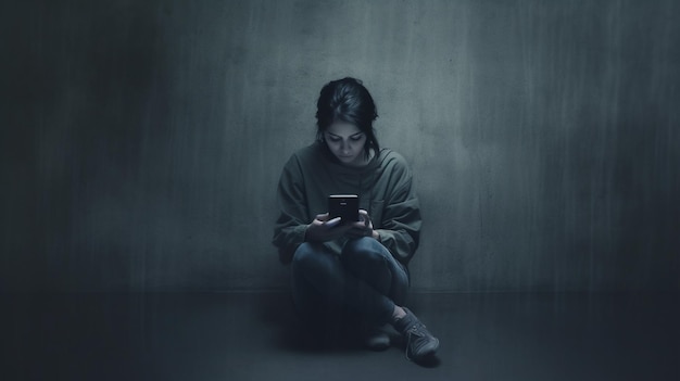 Женщина сидит в темной комнате, держит телефон и смотрит на свой телефон.
