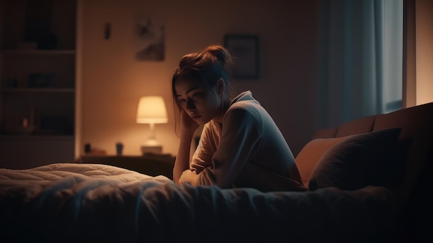 A woman sits in a dark room, looking at a tablet.