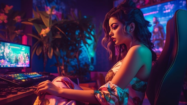 A woman sits in a dark room, wearing a floral dress and a shirt that says'i love you '