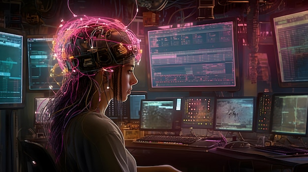 A woman sits in a dark room with a computer screen that says cyberpunk on it.