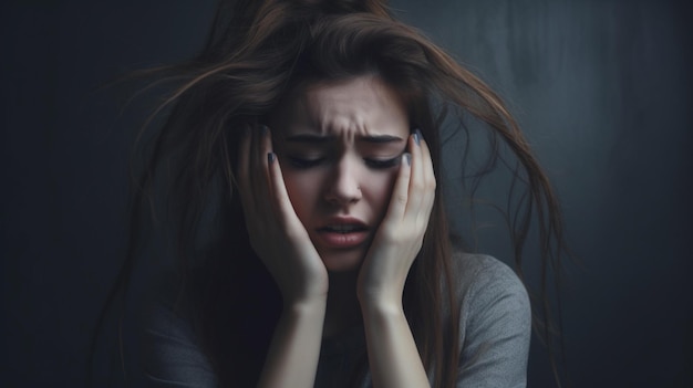 A woman sits in a dark room with her head in her hands.