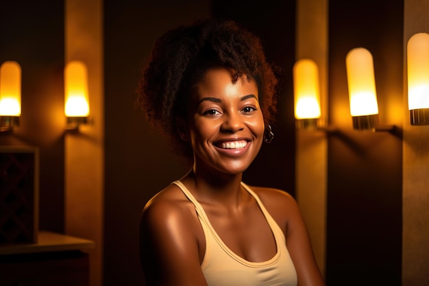 A woman sits in a dark room with a light on the wall behind her.