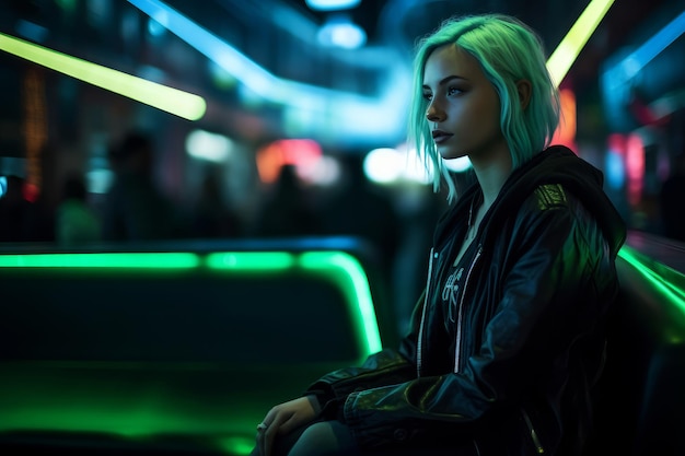 A woman sits in a dark room with a neon sign that says'cyberpunk'on it