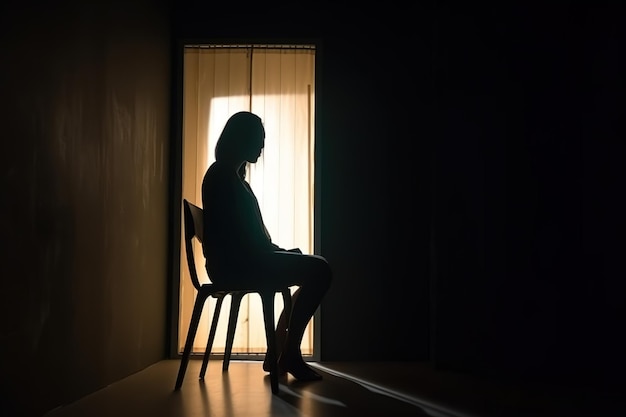 A woman sits in a dark room with a window behind her.