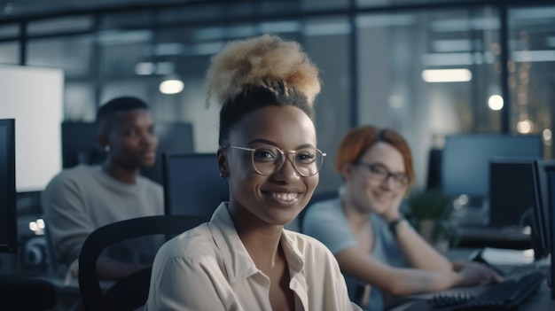 A woman sits in a dark room with a woman wearing glasses and smiling at the camera.