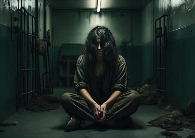 Photo a woman sits in a dark room with the words  she is sitting in front of a door