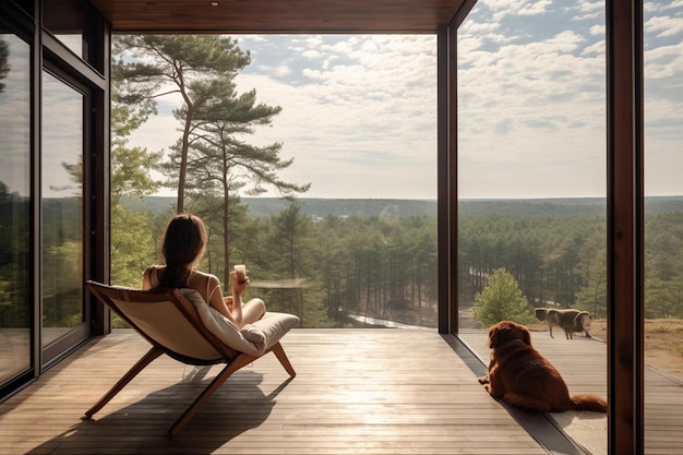 Photo a woman sits in a deck with a dog and a dog