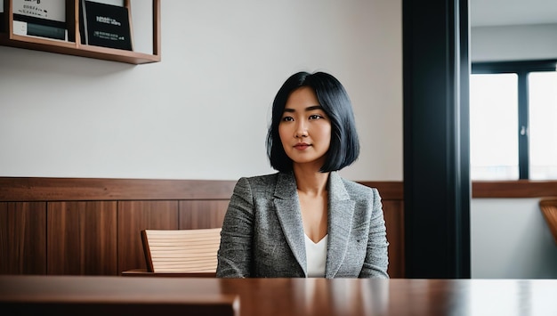 A woman sits at a desk in a conference room.