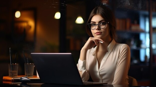 A woman sits at a desk in a dark office with a laptop in front of her