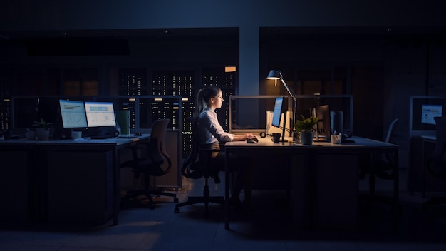 A woman sits at a desk in a dark office, working at a computer.