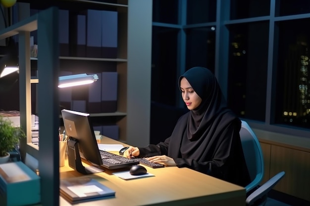 A woman sits at a desk in a dark office, working at a laptop.