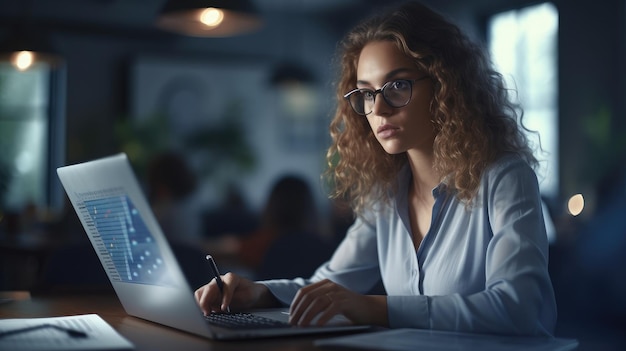 A woman sits at a desk in a dark office, working on a laptop.