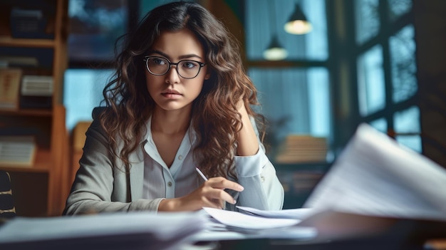 A woman sits at a desk in a dark room, looking at papers and a laptop.