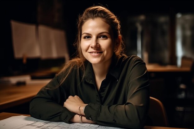 A woman sits at a desk in a dark room, smiling at the camera.