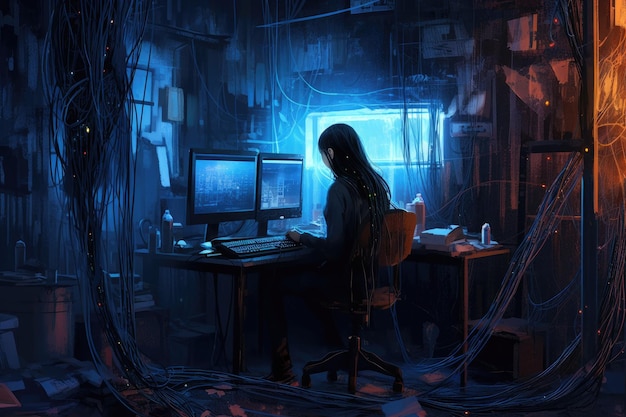 A woman sits at a desk in a dark room with a computer monitor and a blue light.